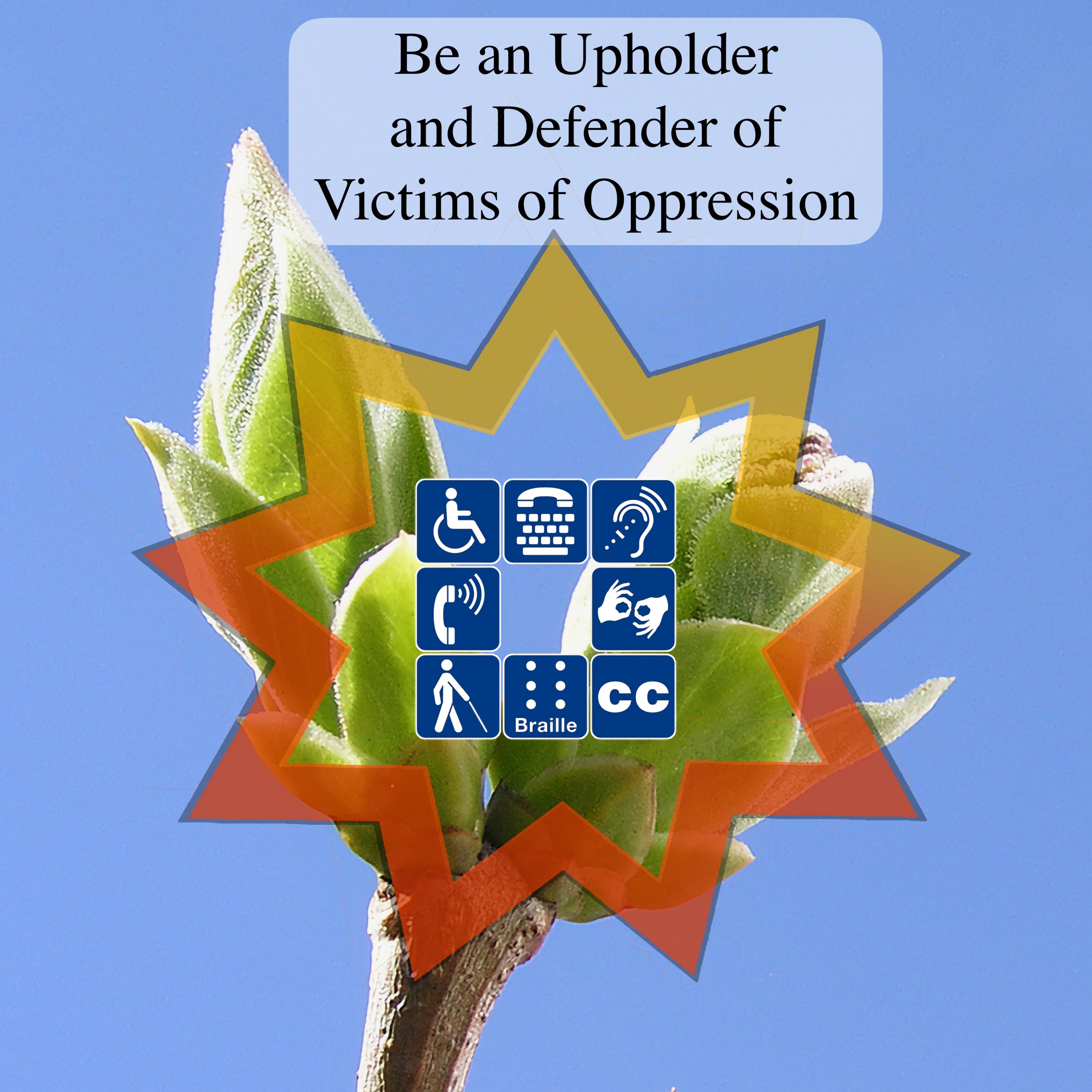 Be an Upholder and Defender of the Victims of Oppression - Clear blue springtime sky with a sunburst-colored 9-pointed star featuring centered Universal Accessibility Symbols, and buds on a twig in the background.