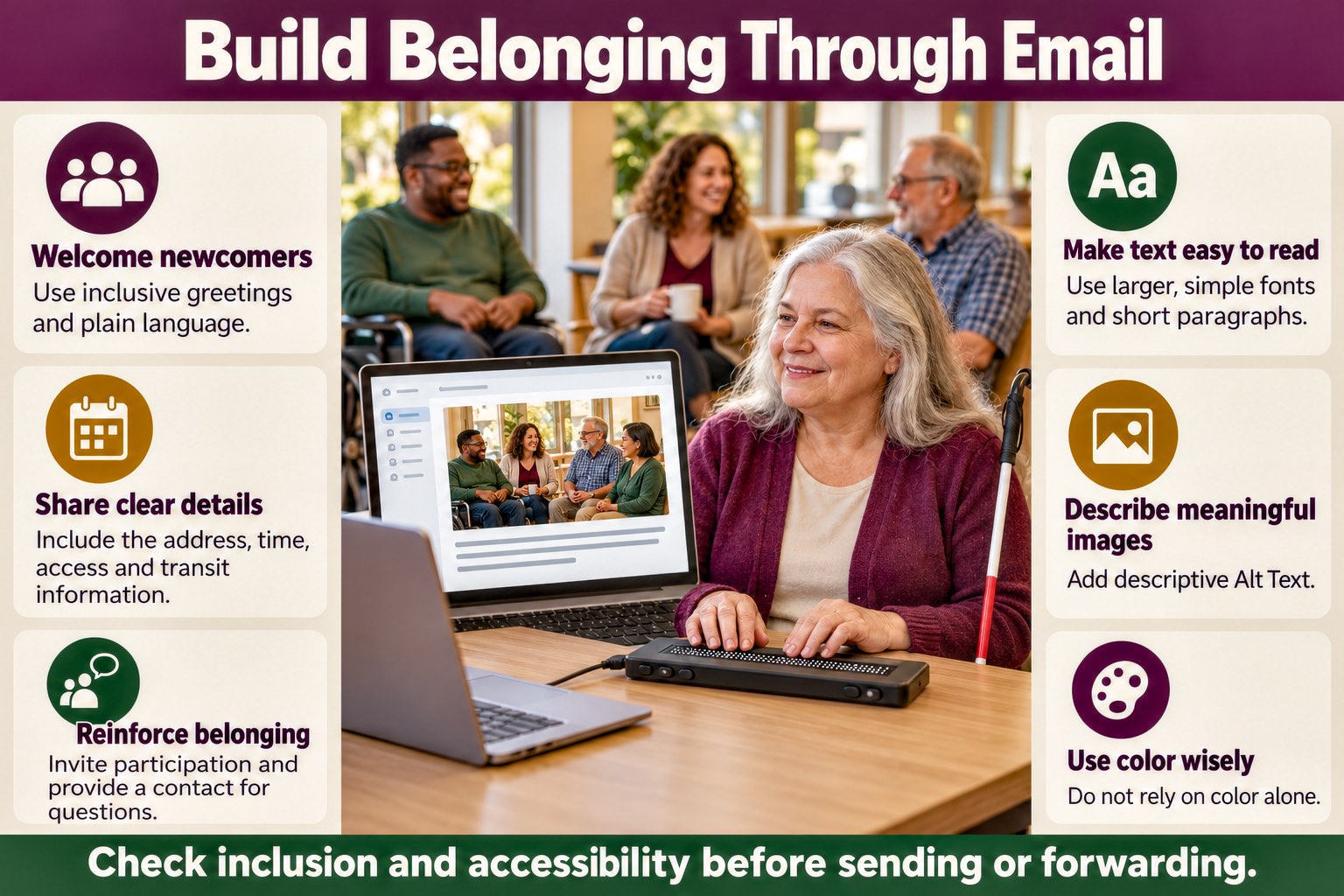 Build Belonging Through Email. An older woman with a white cane reads a Braille display beside a laptop showing a community gathering. Tips: welcome newcomers with inclusive greetings and plain language; share clear details including address, time, access and transit; reinforce belonging and give a contact; make text easy to read; describe meaningful images with Alt Text; use color wisely. Check inclusion and accessibility before sending or forwarding.