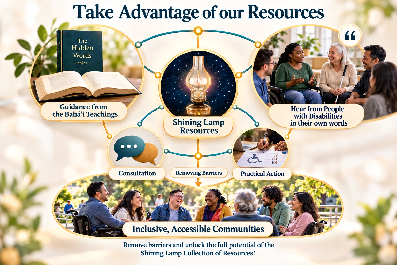 Take Advantage of our Resources. A chart links Shining Lamp Resources, shown as a glowing oil lamp, to Guidance from the Bahá'í Teachings, Hear from People with Disabilities in their own words, Consultation, Removing Barriers, Practical Action, and Inclusive, Accessible Communities. Remove barriers and unlock the full potential of the Shining Lamp Collection of Resources!