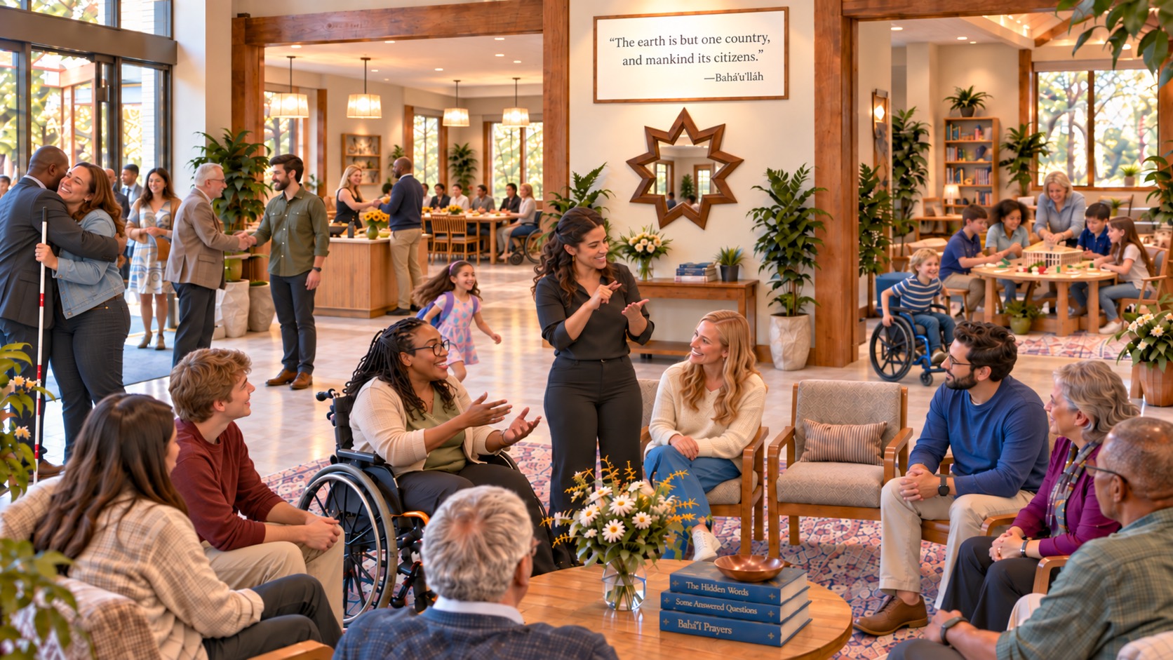 In a sunlit Bahá’í Center, a blind woman is greeted with a hug while people of different races and ages share food, conversation, and activities. A Black woman using a wheelchair leads a discussion with an ASL interpreter beside her, and an open chair invites someone to join the circle.