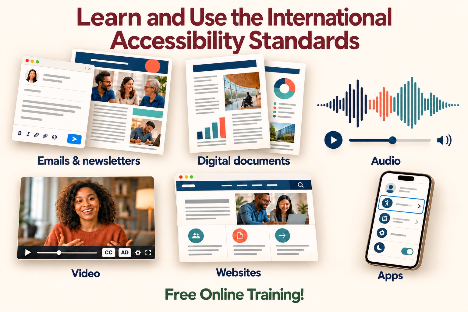 Learn and use the International Accessibility Standards. Free online training for creating accessible emails, newsletters, digital documents, audio, video, websites, and apps. Video controls show captions and audio description.