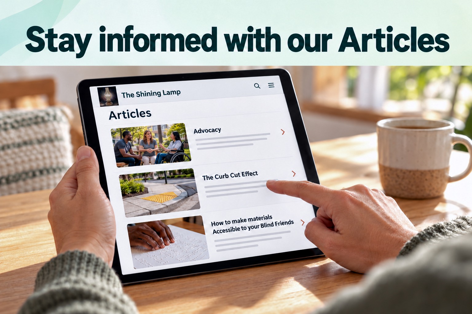 A person browses The Shining Lamp’s articles on a tablet, showing previews about advocacy, curb cuts, and accessible materials for blind readers. Above, a headline reads “Stay informed with our Articles.”